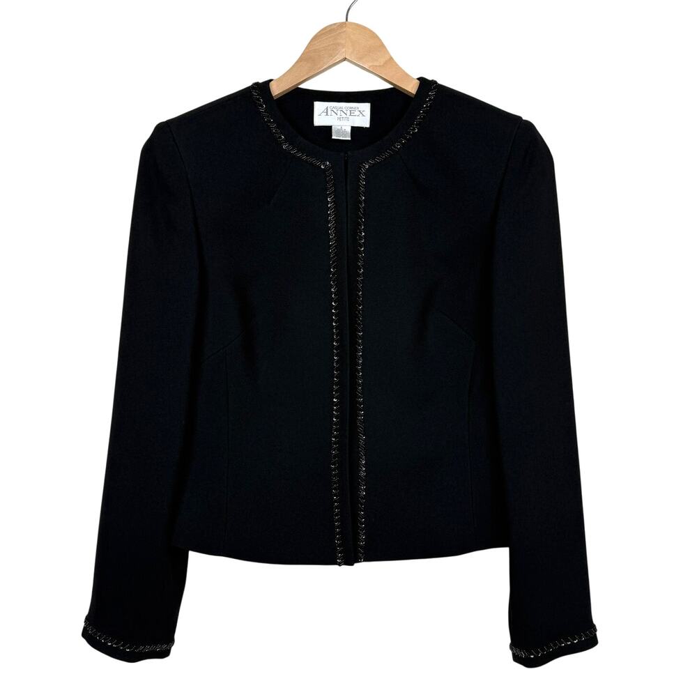 Vintage Casual Corner Annex Petite Cropped Jacket Embellished Black Collarless